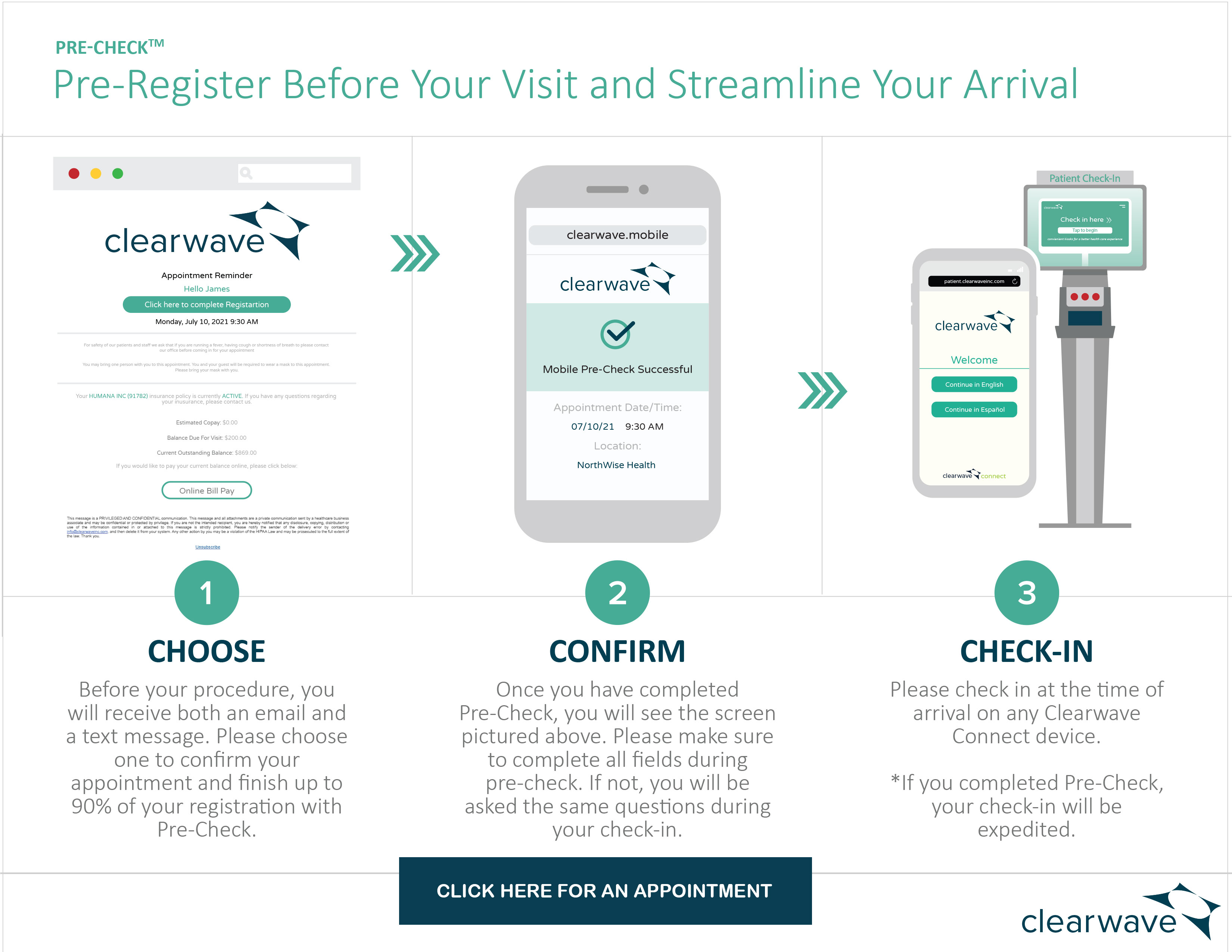 Pre-Check Details. Choose, Confirm, Check-In - Click here for an appointment